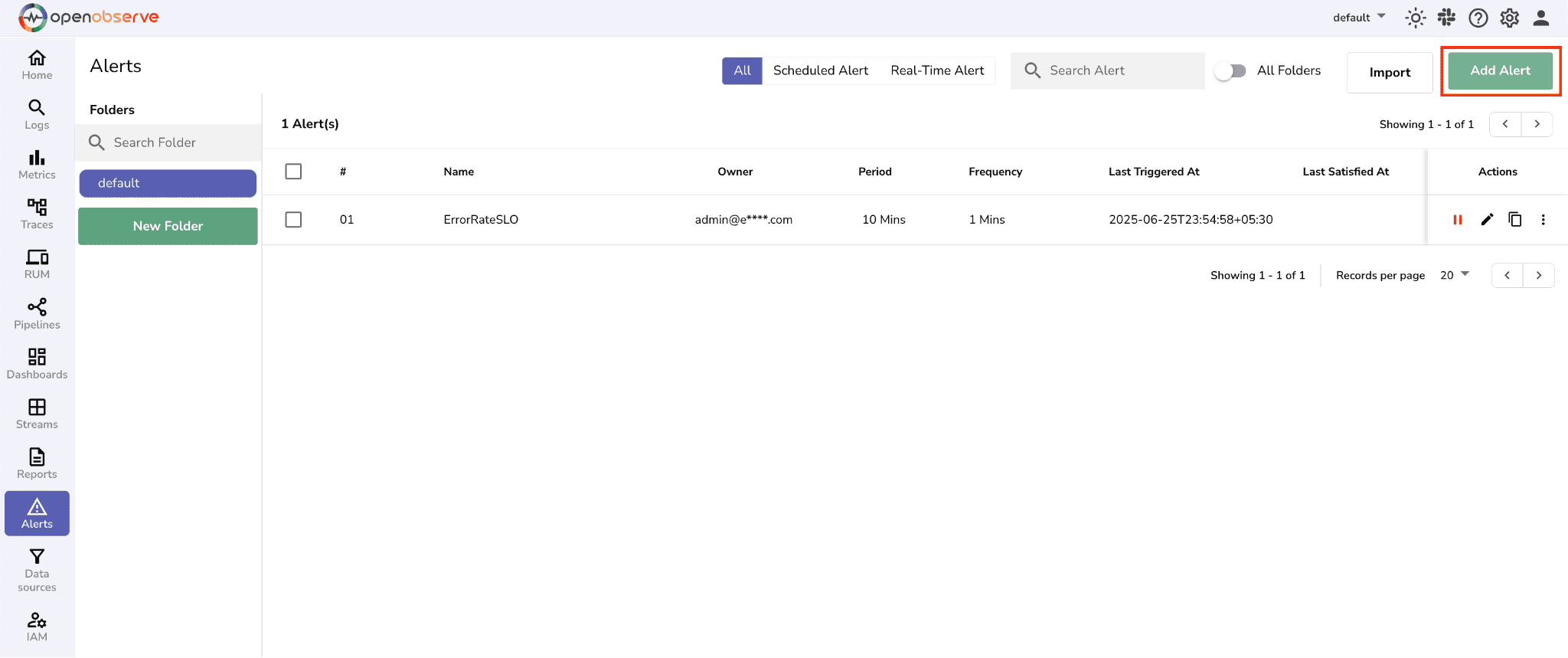 OpenObserve Alerts - add an alert